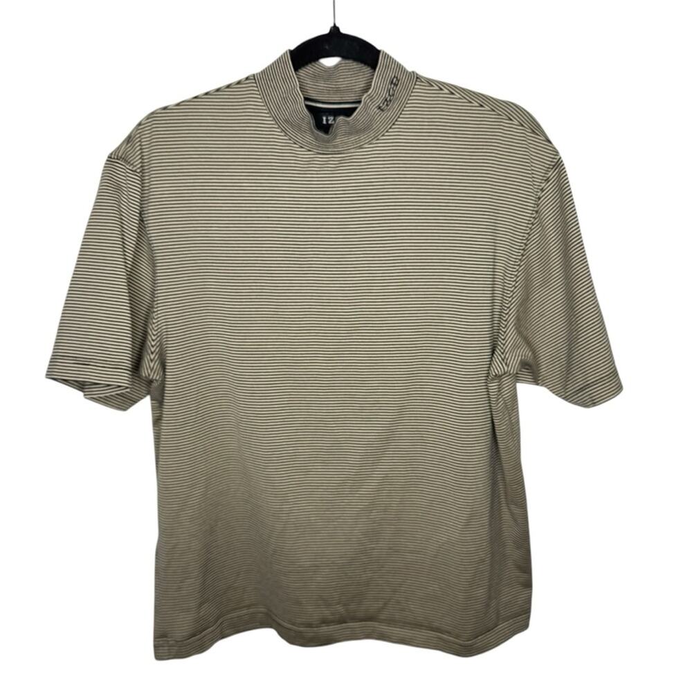 IZOD / XFG vintage tan black striped short sleeve mock neck tee / S
